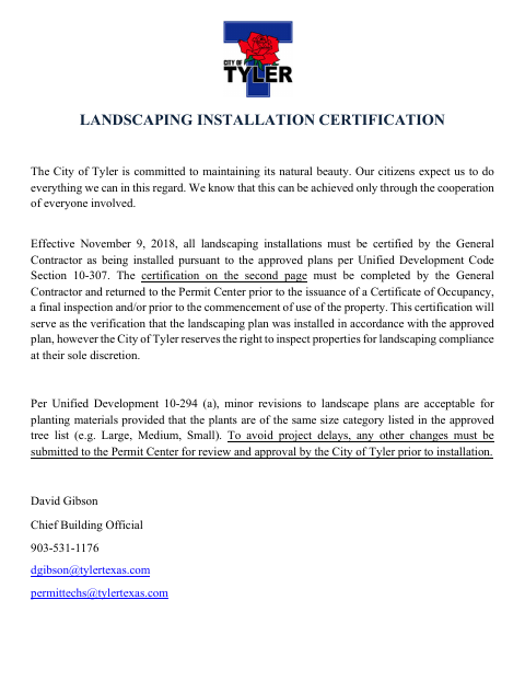 First page of the Landscaping Installation Certification