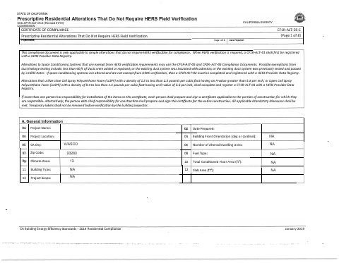 First page of the Prescriptive Residential Alterations That Do Not Require HERS Field Verification