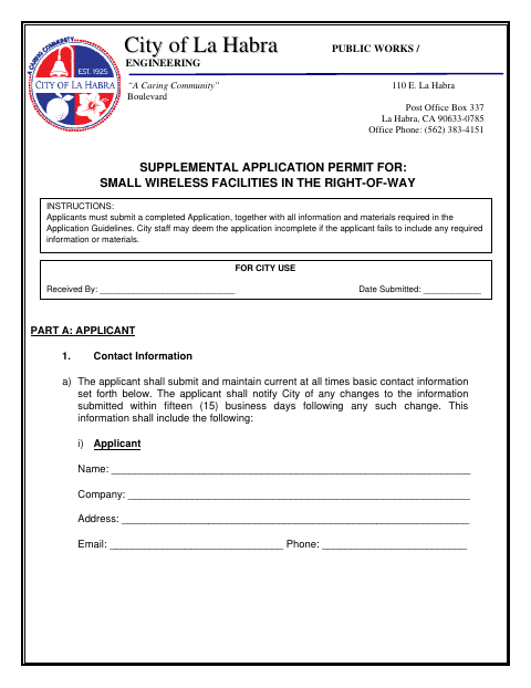 First page of the Supplemental Application Permit for Small Wireless Facilities in the Right-of-Way