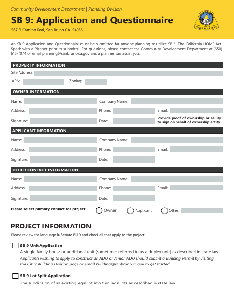 First page of the SB 9 Application and Questionnaire
