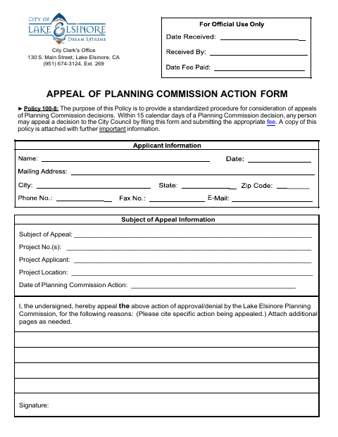 First page of the Appeal of Planning Commission Action Form