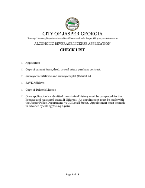 First page of the Alcoholic Beverage License Application