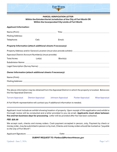 First page of the Parcel Verification Application