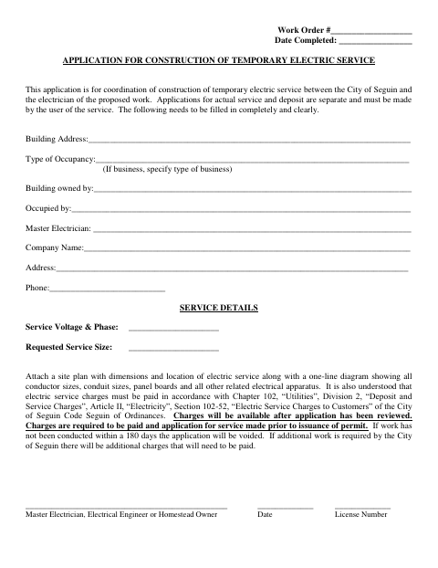 First page of the Application for Construction of Temporary Electric Service