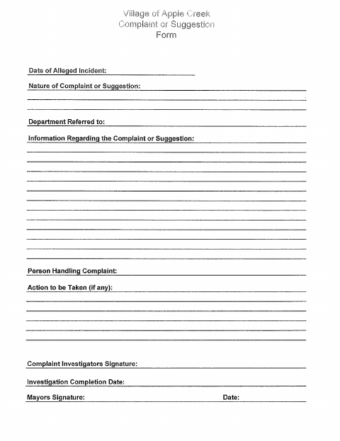 First page of the Complaint or Suggestion Form