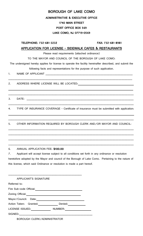 First page of the Application for License – Sidewalk Cafes and Restaurants