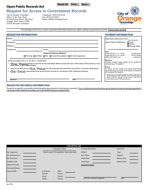 First page of the OPRA Request Form