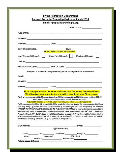 First page of the Request Form for Township Parks and Fields
