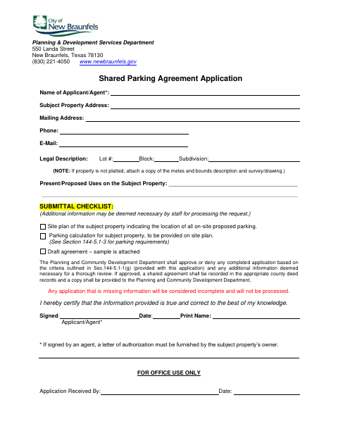 First page of the Shared Parking Agreement Application