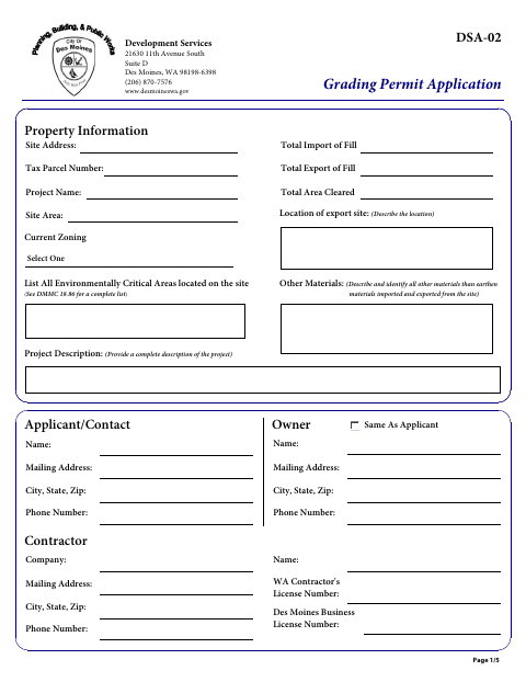 First page of the Grading Permit Application