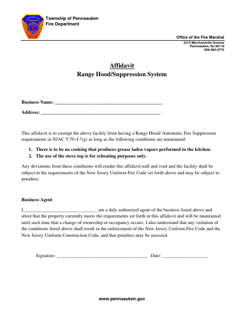 First page of the Range Hood/Suppression System Affidavit