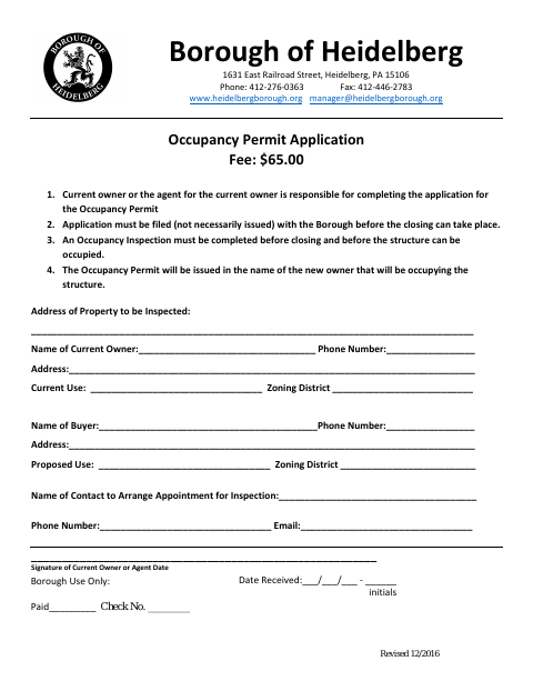 First page of the Occupancy Permit Application