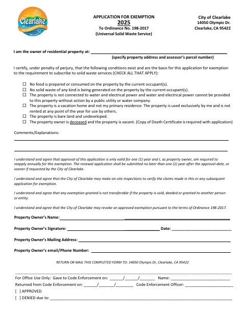First page of the Application for Garbage Service Exemption