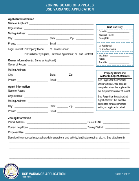 First page of the Use Variance Application