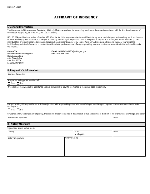 First page of the Affidavit of Indigency