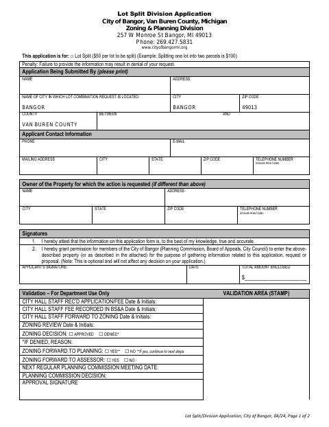 First page of the Lot Split/Division Application
