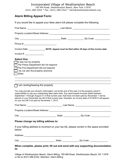 First page of the Alarm Billing Appeal Form