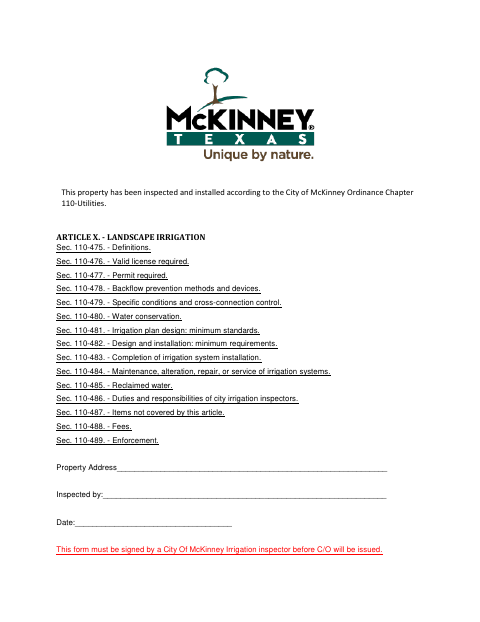 First page of the Irrigation Inspection Form