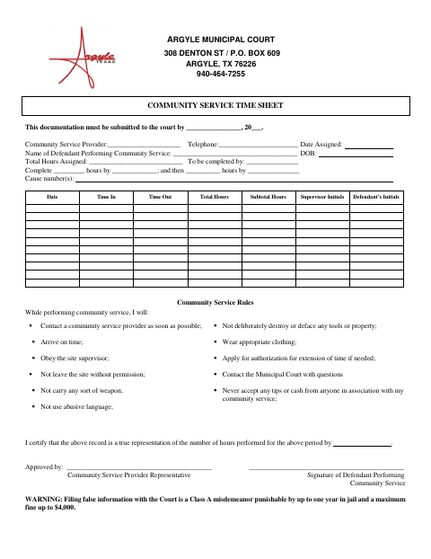 First page of the Community Service Time Sheet