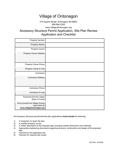 First page of the Accessory Structure Permit Application, Site Plan Review Application and Checklist