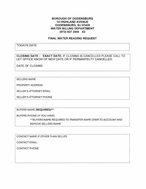 First page of the Final Water Reading Request Form