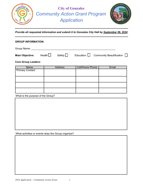 First page of the Community Action Grant Application 2024