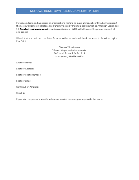 First page of the Hometown Heroes Sponsorship Form