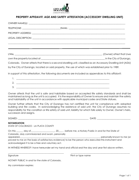First page of the Property Affidavit: Age and Safety Attestation