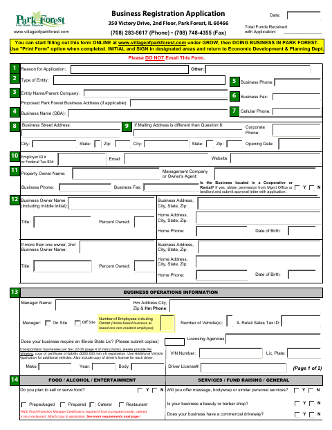 First page of the Business Registration Application