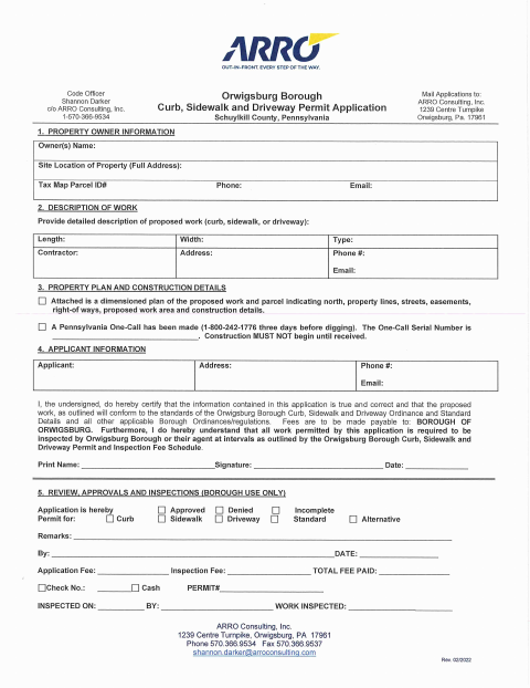 First page of the Curb, Sidewalk and Driveway Permit Application