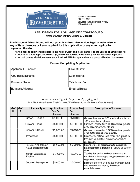 First page of the Marijuana Operating License Application