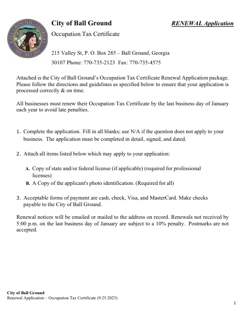 First page of the Occupation Tax Certificate Renewal Application