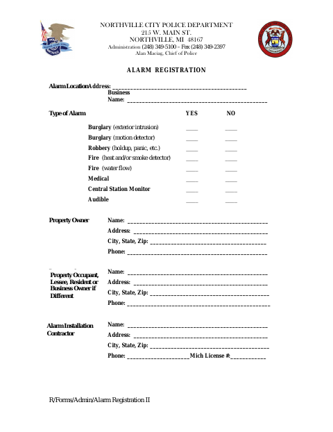 First page of the Alarm Registration