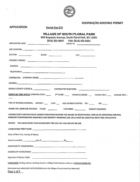 First page of the Roofing/Re-Roofing Permit Application
