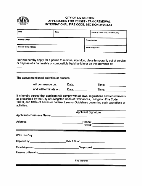 First page of the Tank Removal Application