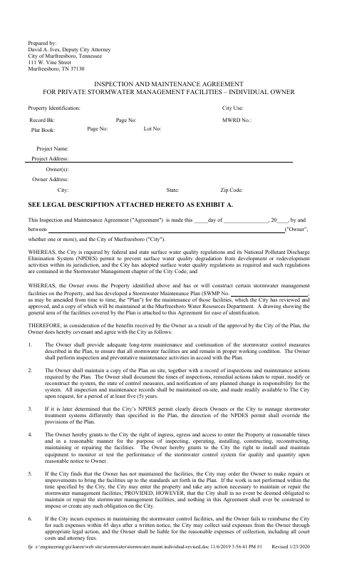 First page of the Inspection and Maintenance Agreement for Private Stormwater Management Facilities – Individual Owner