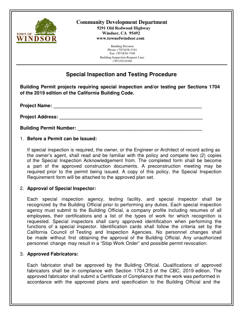 First page of the Special Inspection and Testing Procedure