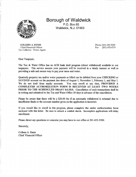 First page of the Automatic Tax & Water Payment Form