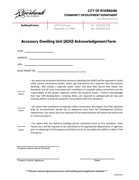 First page of the Accessory Dwelling Unit (ADU) Utility Connection Acknowledgement
