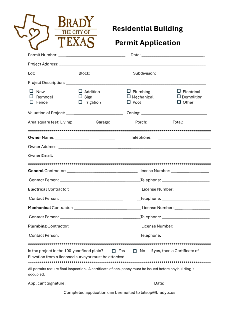 First page of the Residential Building Permit Application