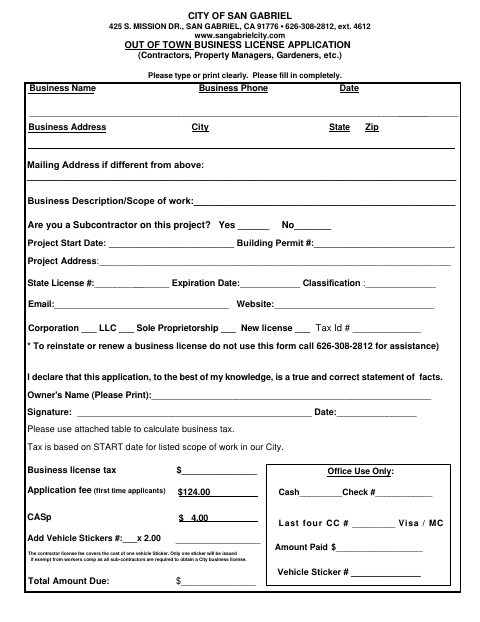 First page of the Out of Town Business License Application