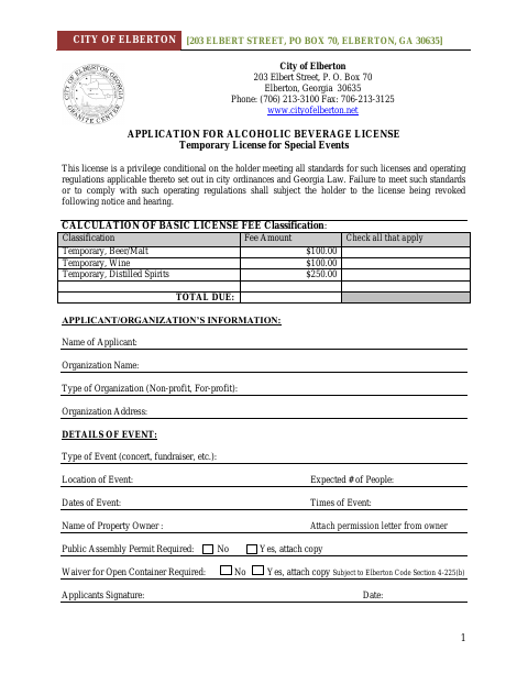 First page of the Alcoholic Beverage License - Temporary Special Events