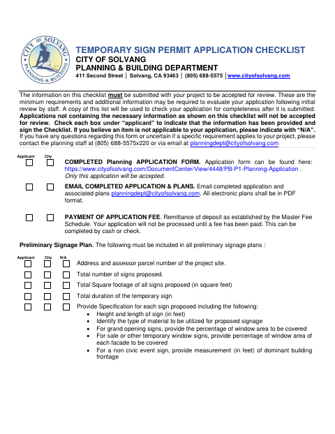 First page of the Temporary Sign Permit Application Checklist