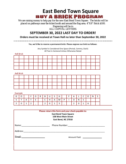 First page of the Town Square Brick Order Form
