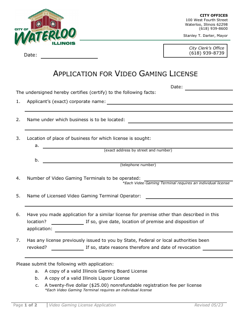 First page of the Video Gaming License Application