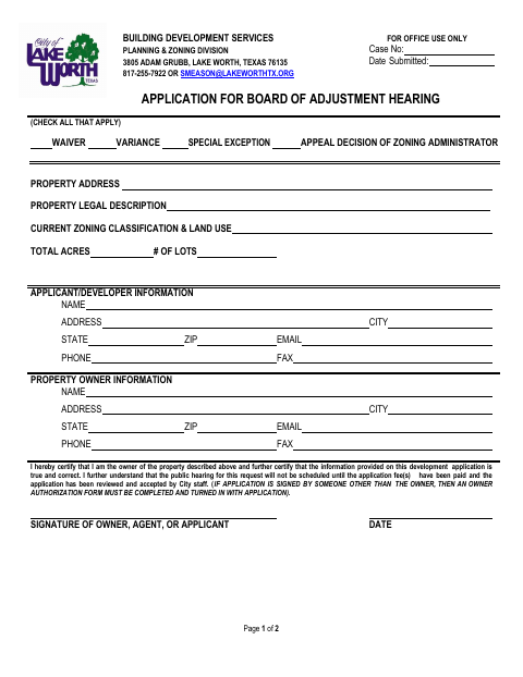 First page of the Application for Board of Adjustment Hearing