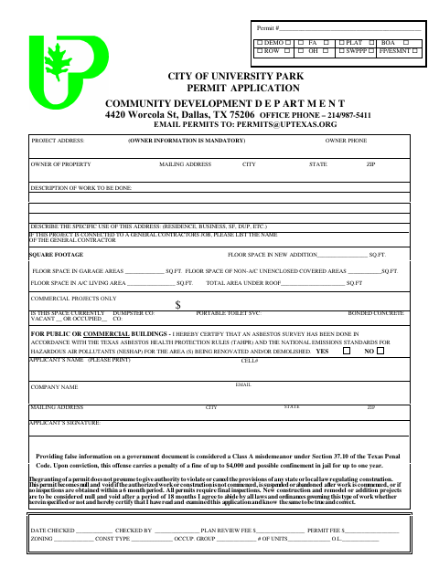 First page of the Building Permit Application