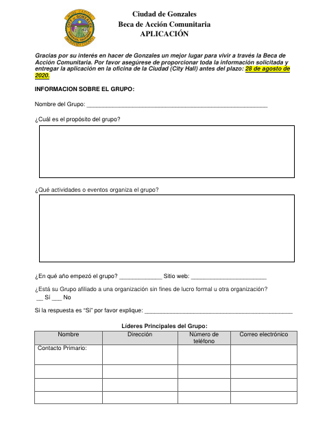 First page of the Community Action Grant Application (Spanish)