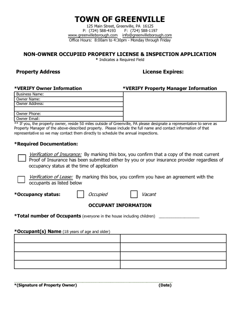First page of the Non-Owner Occupied Property License & Inspection Application