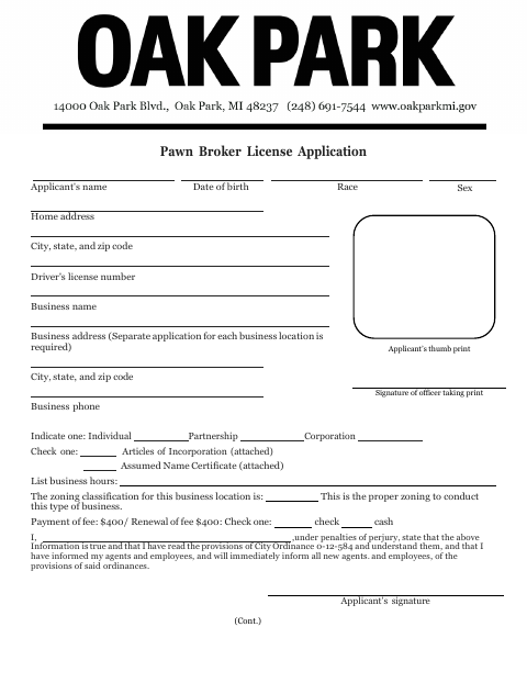 First page of the Pawn Broker License Application